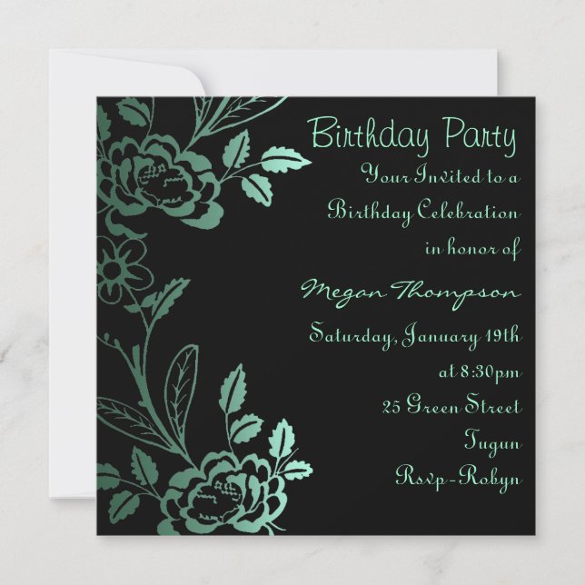 Invitación de cumpleaños con hoja de rosa negra y  (Anverso)