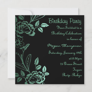 Invitación de cumpleaños con hoja de rosa negra y 