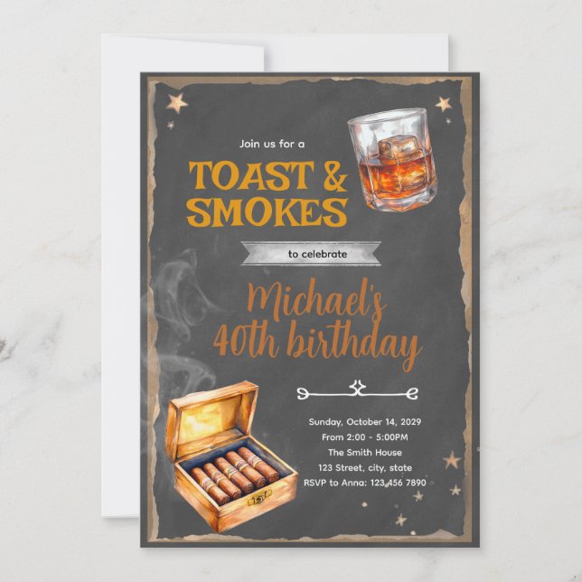 Invitación de cumpleaños con humo y tostada (Anverso)