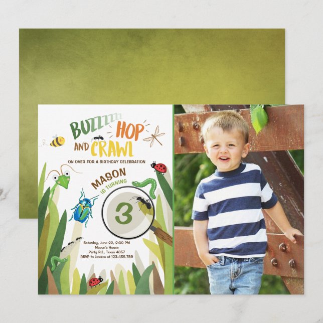 Invitación de cumpleaños con insectos graciosos pa (Anverso / Reverso)
