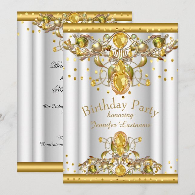 Invitación de cumpleaños con joyas blancas doradas (Anverso / Reverso)