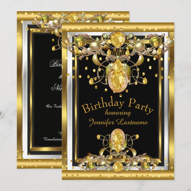 Invitación de cumpleaños con joyas negras doradas (Anverso / Reverso)