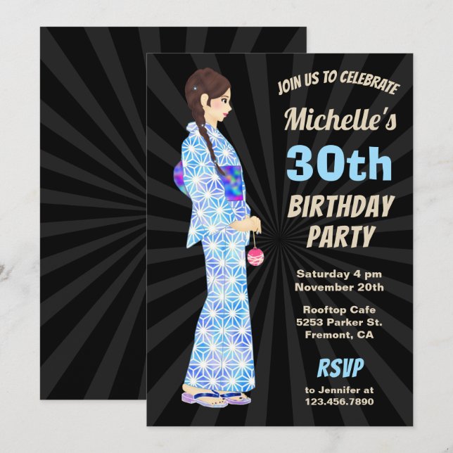 Invitación de cumpleaños con kimono japonés para m (Anverso / Reverso)