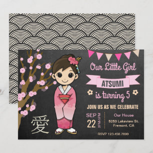 Invitación de cumpleaños con kimono japonés rosa l