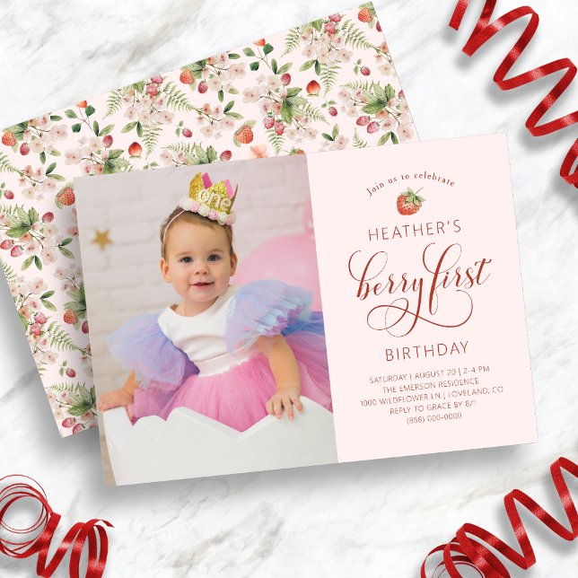 Invitación de cumpleaños con la primera foto de Be (Pink Berry First Photo Birthday Invitation by Painted Paperie
)