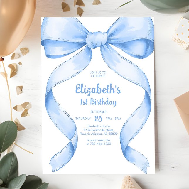 Invitación de cumpleaños con lazo azul coquette (Subido por el creador)