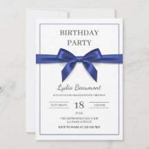 Invitación de cumpleaños con lazo azul marino eleg