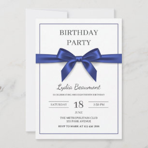 Invitación de cumpleaños con lazo azul marino eleg