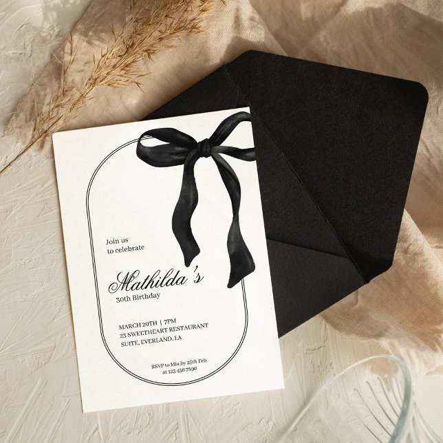 Invitación de cumpleaños con lazo coqueto negro (Subido por el creador)