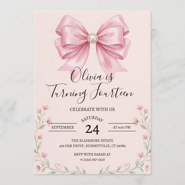 Invitación de cumpleaños con lazo coquette de lazo (Anverso)