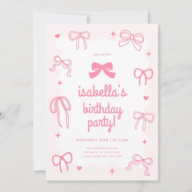Invitación de cumpleaños con lazo coquette diverti (Anverso)