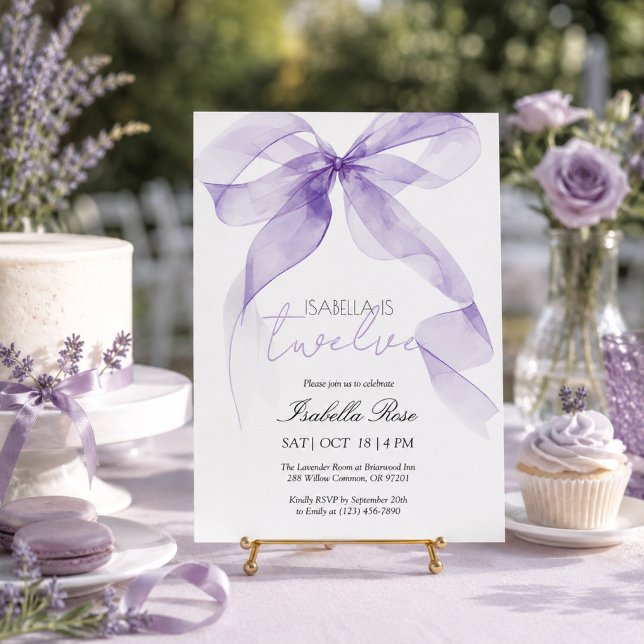 Invitación de cumpleaños con lazo de acuarela púrp (Subido por el creador)