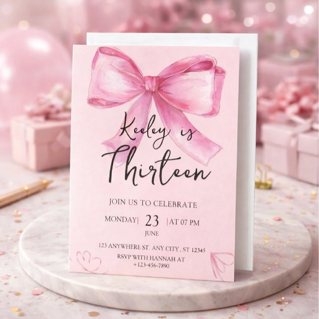 Invitación de cumpleaños con lazo de acuarela rosa (Subido por el creador)