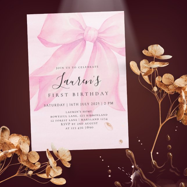 Invitación de cumpleaños con lazo de acuarela rosa (Subido por el creador)