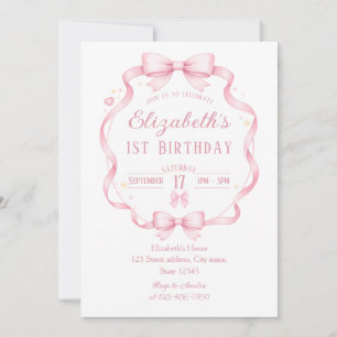 Invitación de cumpleaños con lazo de cinta rosa