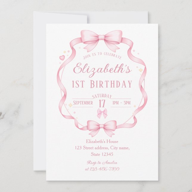 Invitación de cumpleaños con lazo de cinta rosa (Anverso)