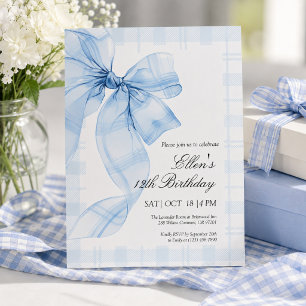 Invitación de cumpleaños con lazo de cuadros azule