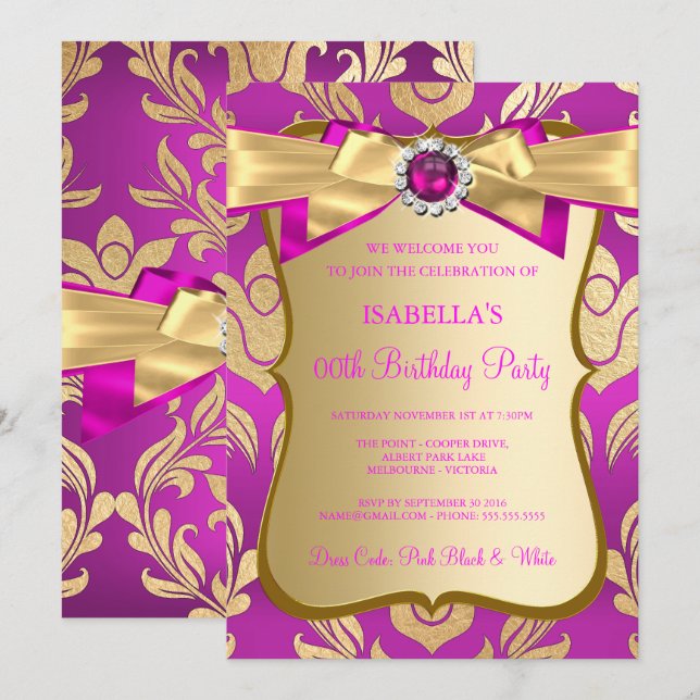 Invitación de cumpleaños con lazo de damasco dorad (Anverso / Reverso)