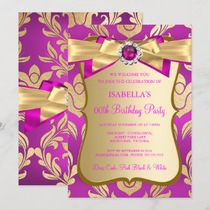 Invitación de cumpleaños con lazo de damasco dorad