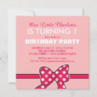 Invitación de cumpleaños con lazo de lunares rosad