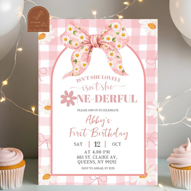 Invitación de cumpleaños con lazo de margarita ros (Subido por el creador)