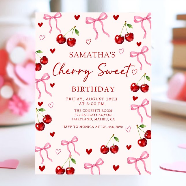 Invitación de cumpleaños con lazo dulce de cereza (Subido por el creador)