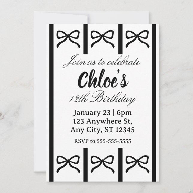 Invitación de cumpleaños con lazo editable lindo (Anverso)