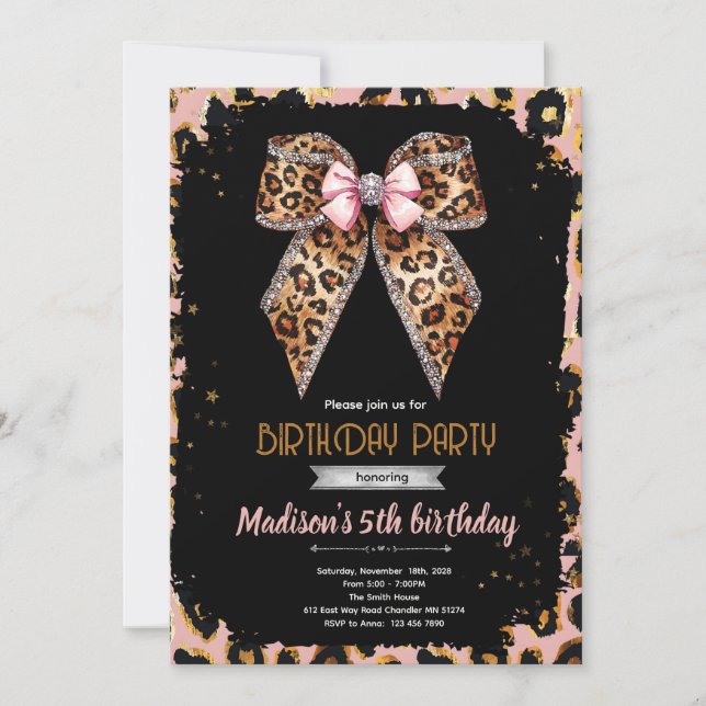 Invitación de cumpleaños con lazo leopardo guepard (Anverso)