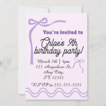 Invitación de cumpleaños con lazo morado editable
