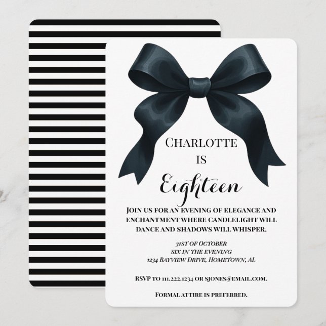 Invitación de cumpleaños con lazo negro elegante - (Anverso / Reverso)