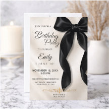 Invitación de cumpleaños con lazo negro elegante
