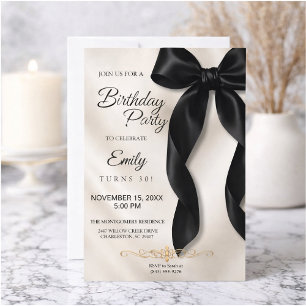 Invitación de cumpleaños con lazo negro elegante