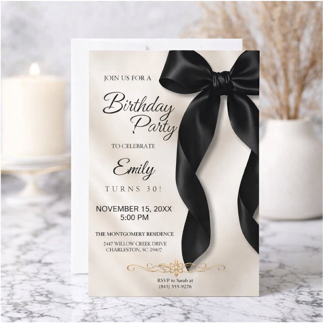 Invitación de cumpleaños con lazo negro elegante (Subido por el creador)