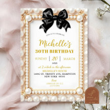 Invitación de cumpleaños con lazo negro y perla