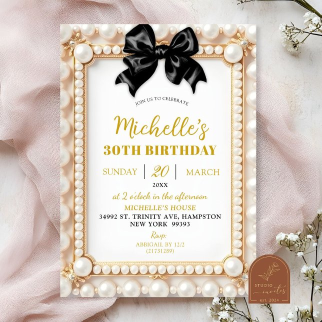Invitación de cumpleaños con lazo negro y perla (Subido por el creador)