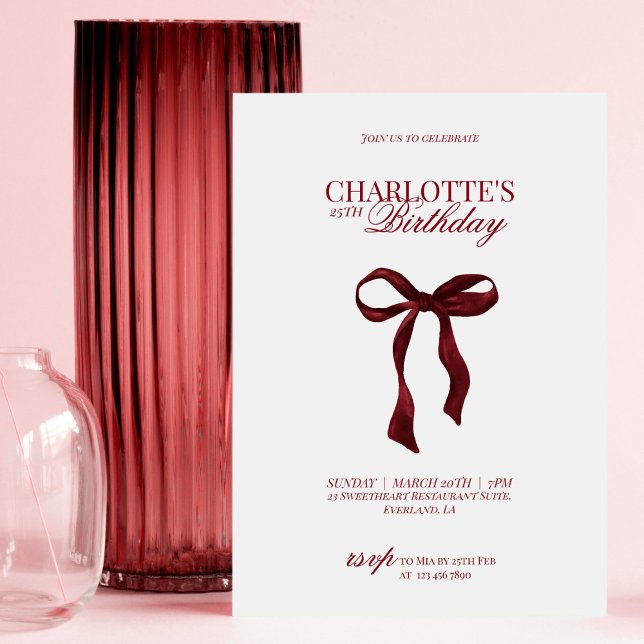 Invitación de cumpleaños con lazo rojo burdeos mod (Subido por el creador)