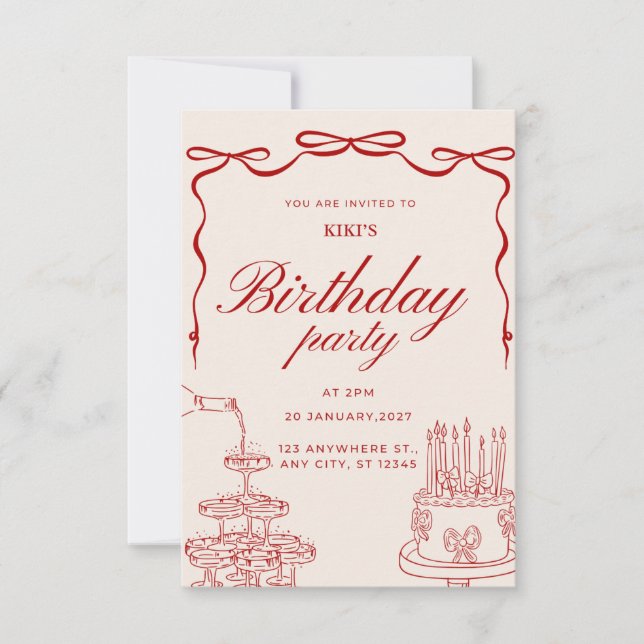 Invitación de cumpleaños con lazo rojo elegante (Anverso)