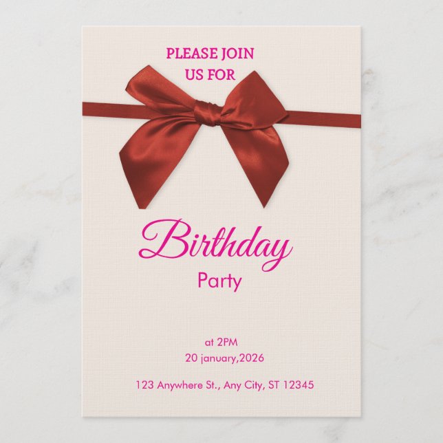 Invitación de cumpleaños con lazo rojo elegante (Anverso)