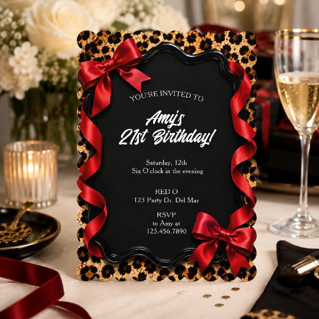 Invitación de cumpleaños con lazo rojo y estampado (Subido por el creador)