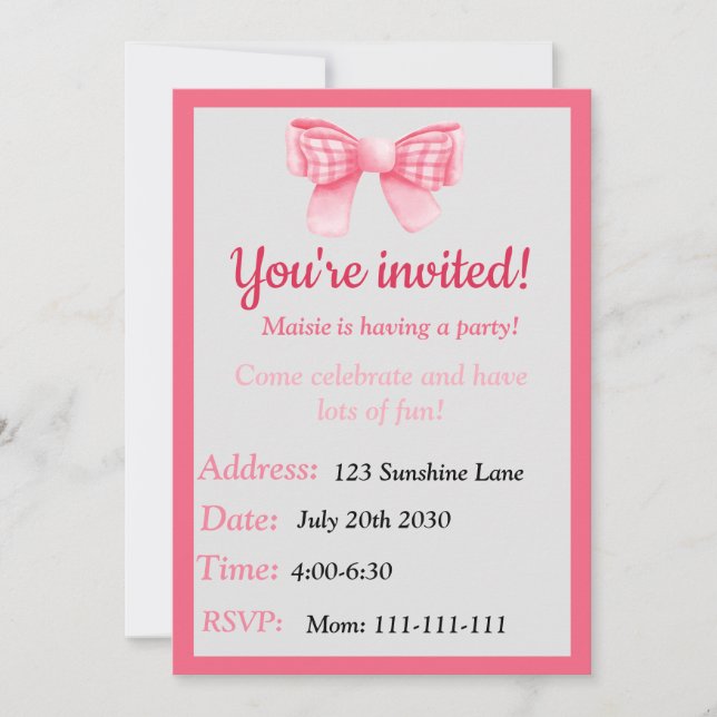 Invitación de cumpleaños con lazo rosa (Anverso)