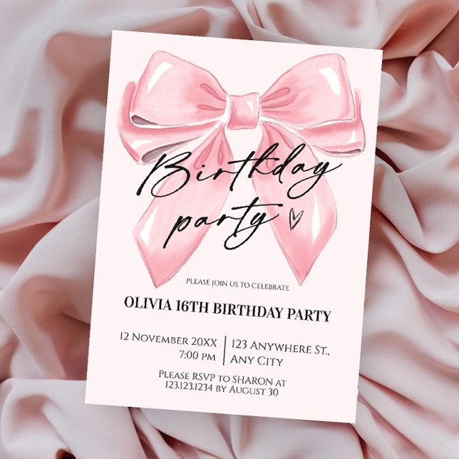 Invitación de cumpleaños con lazo rosa coqueto (Subido por el creador)