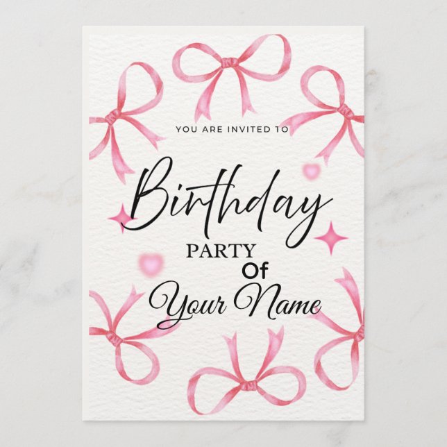Invitación de cumpleaños con lazo rosa elegante (Anverso)