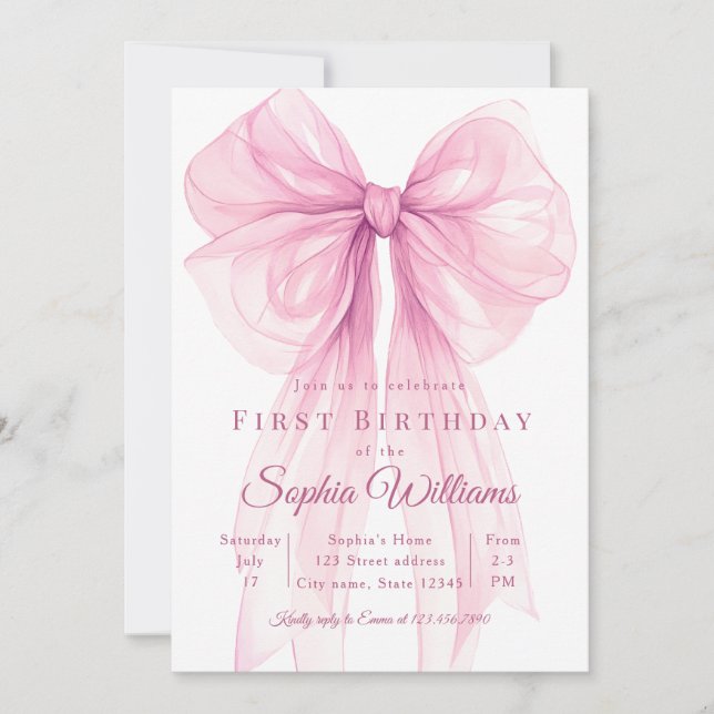 Invitación de cumpleaños con lazo rosa elegante pa (Anverso)