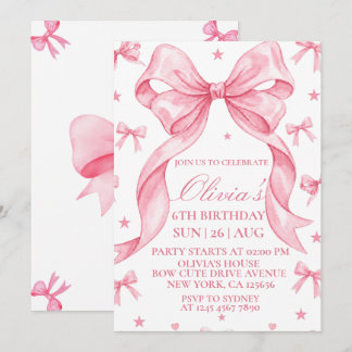 Invitación de cumpleaños con lazo rosa, fiesta de