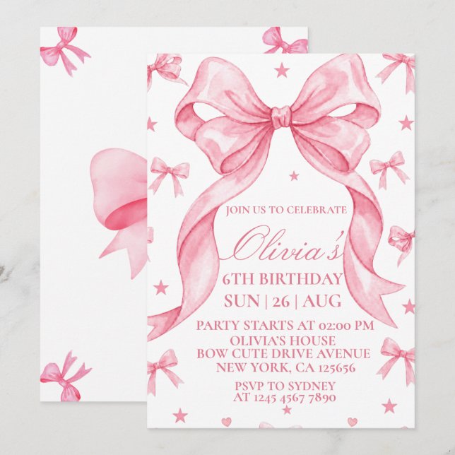 Invitación de cumpleaños con lazo rosa, fiesta de  (Anverso / Reverso)