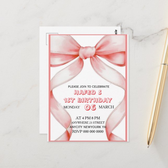Invitación de cumpleaños con lazo rosa, Invitación (Anverso/Reverso In Situ)