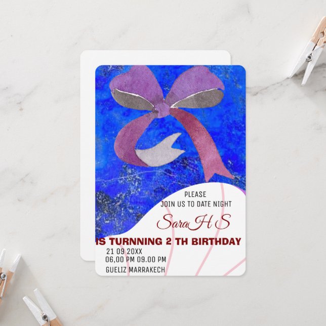 Invitación de cumpleaños con lazo rosa, invitación (Anverso/Reverso In Situ)