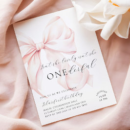 Invitación de cumpleaños con lazo rosa Onederful