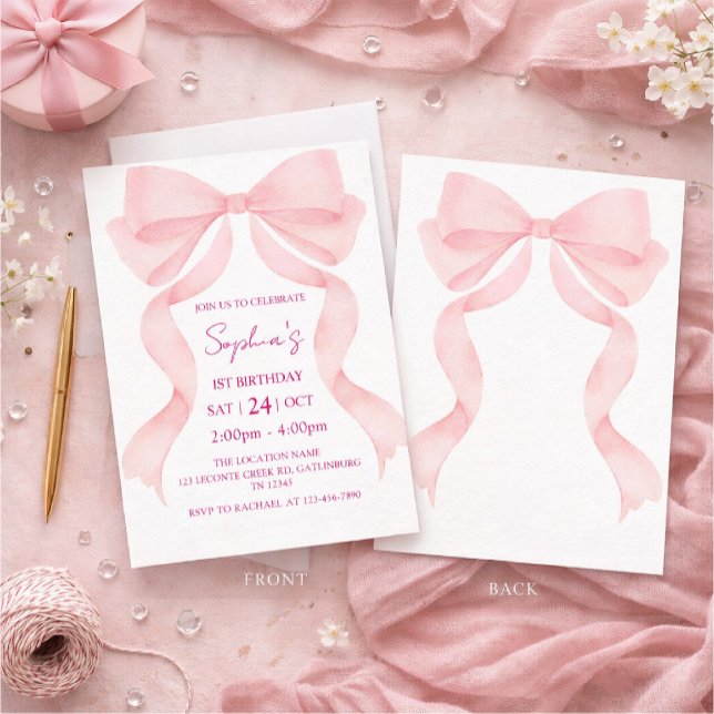 Invitación de cumpleaños con lazo rosa para primer (Subido por el creador)