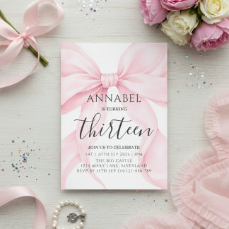 Invitación de cumpleaños con lazo rosa rubor